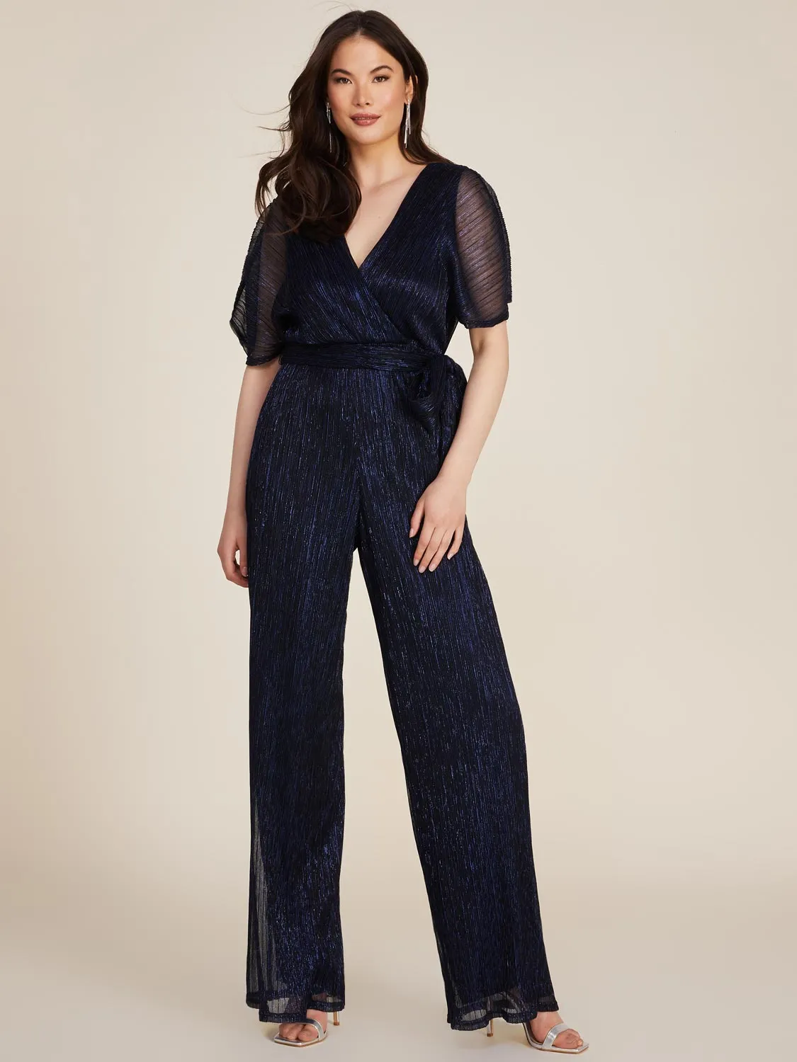 Short Flutter Sleeve Metallic Crinkle Knit Jumpsuit