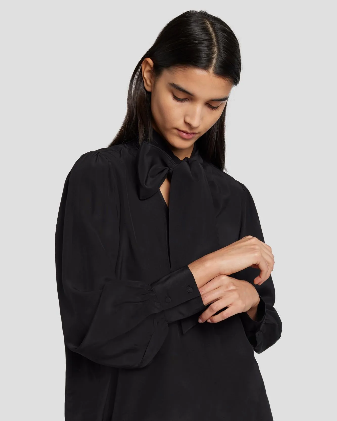 Silk Tie Neck Blouse in Black