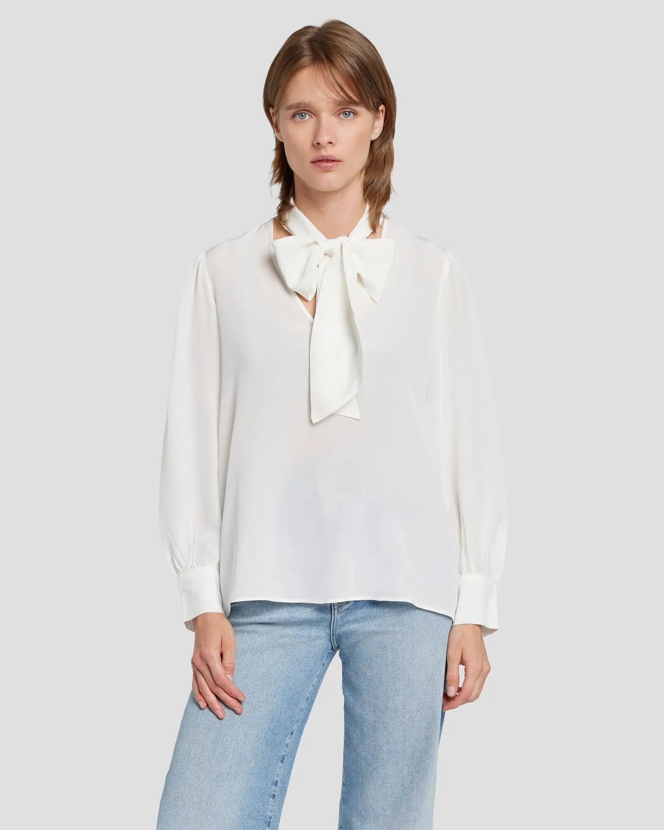 Silk Tie Neck Blouse in Cream