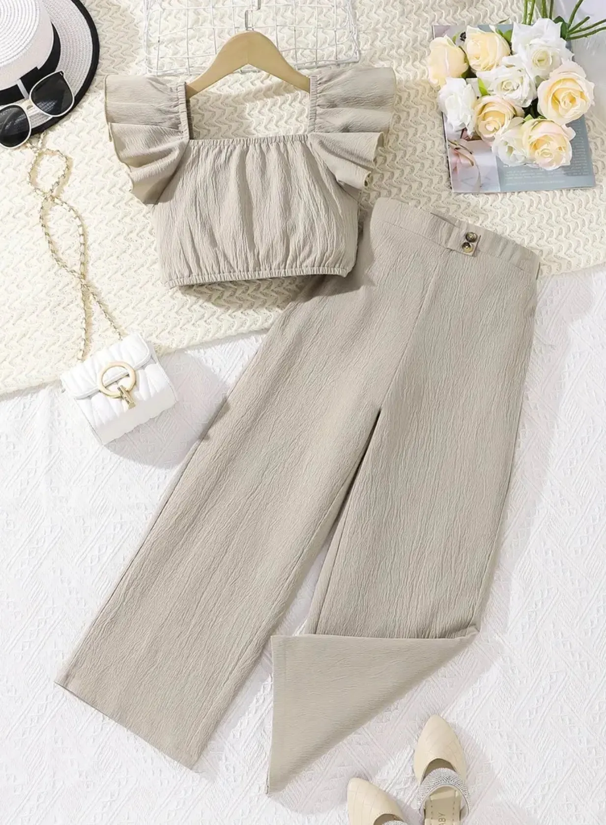 Teens, 2pcs, Solid Color Flutter Trim Short Sleeve Crop Top   Wide Leg Pants Set