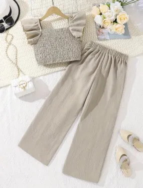 Teens, 2pcs, Solid Color Flutter Trim Short Sleeve Crop Top   Wide Leg Pants Set