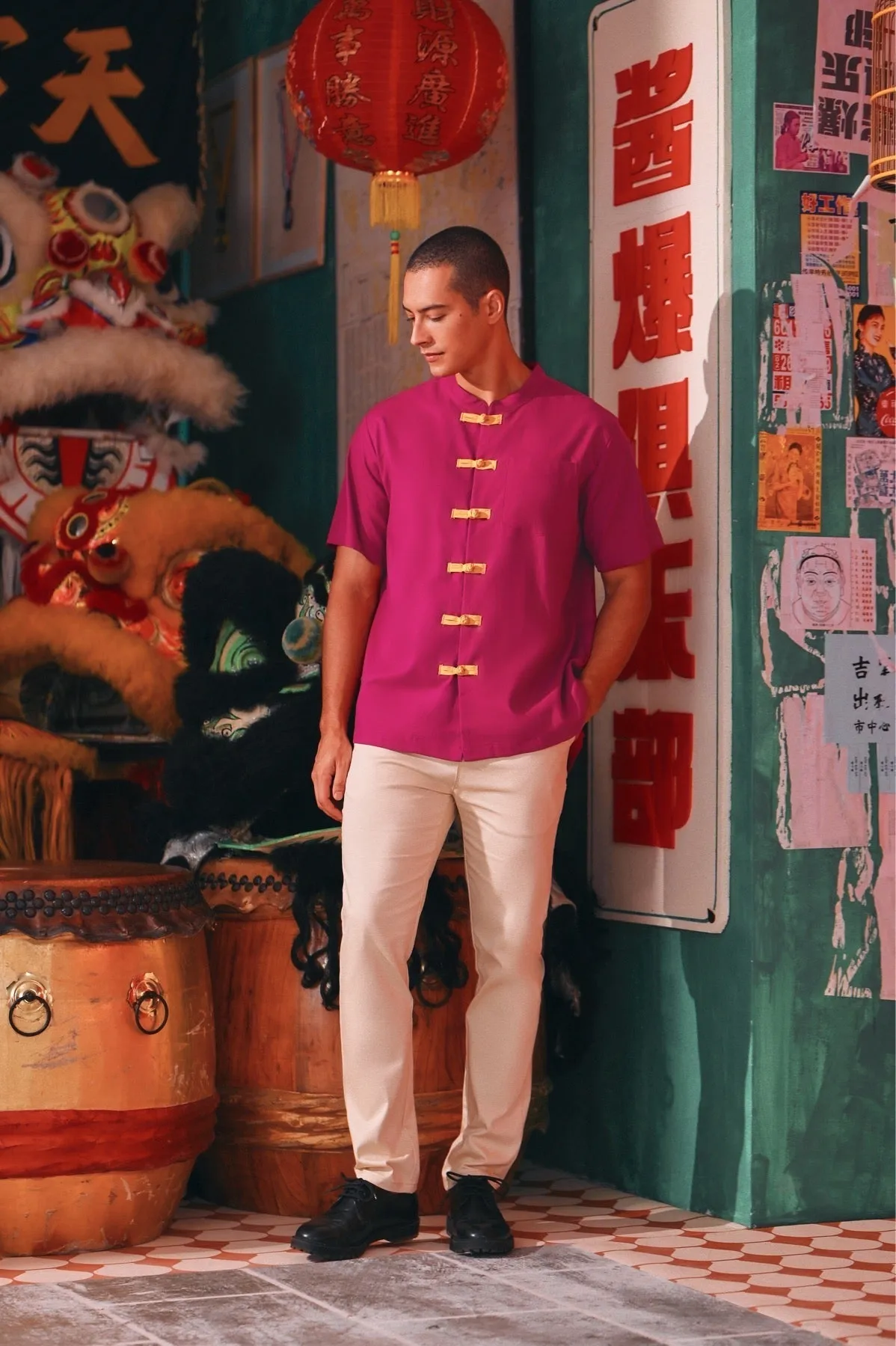 The Chinatown Men Oriental Shirt - Fuchsia