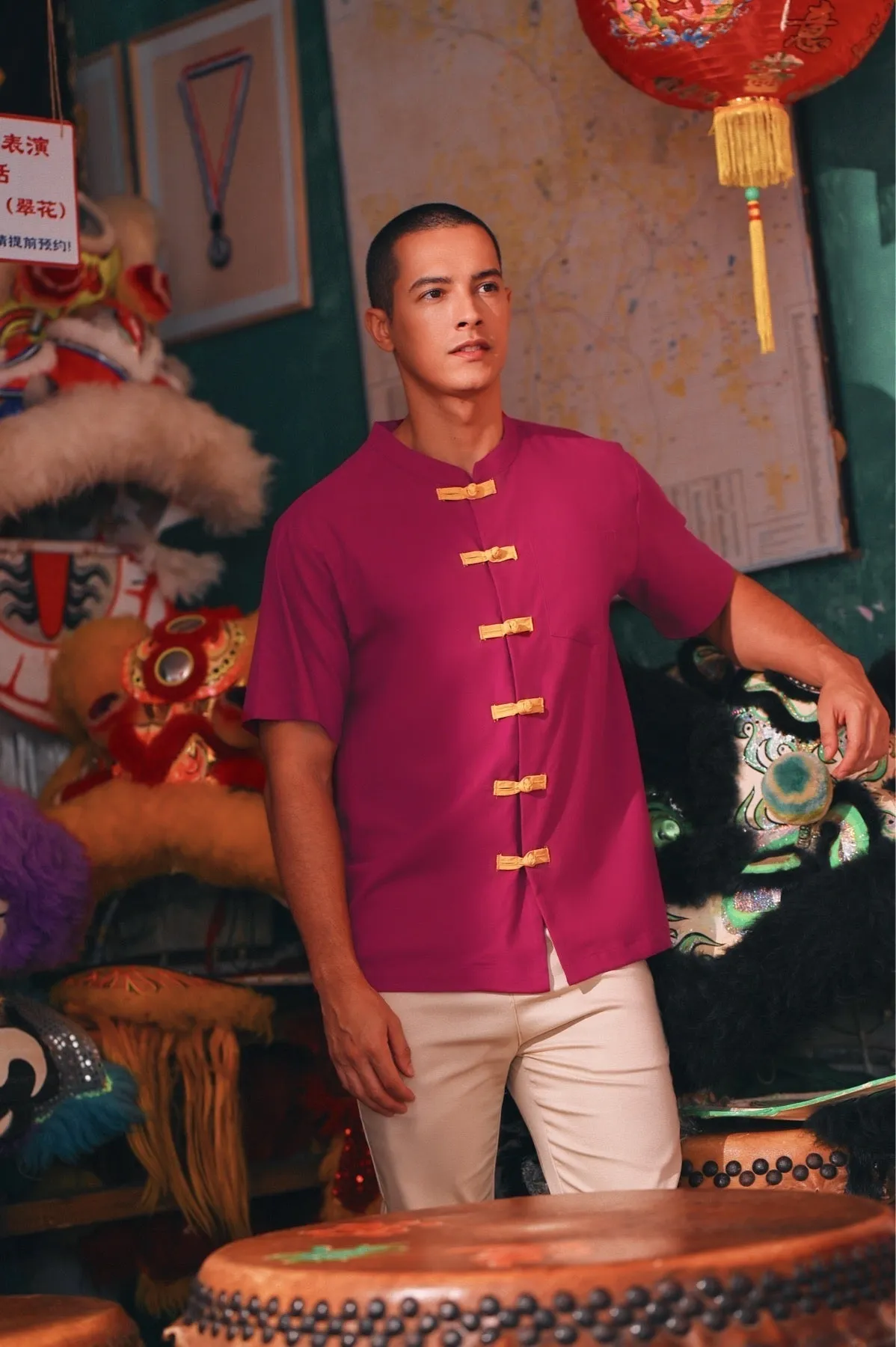 The Chinatown Men Oriental Shirt - Fuchsia