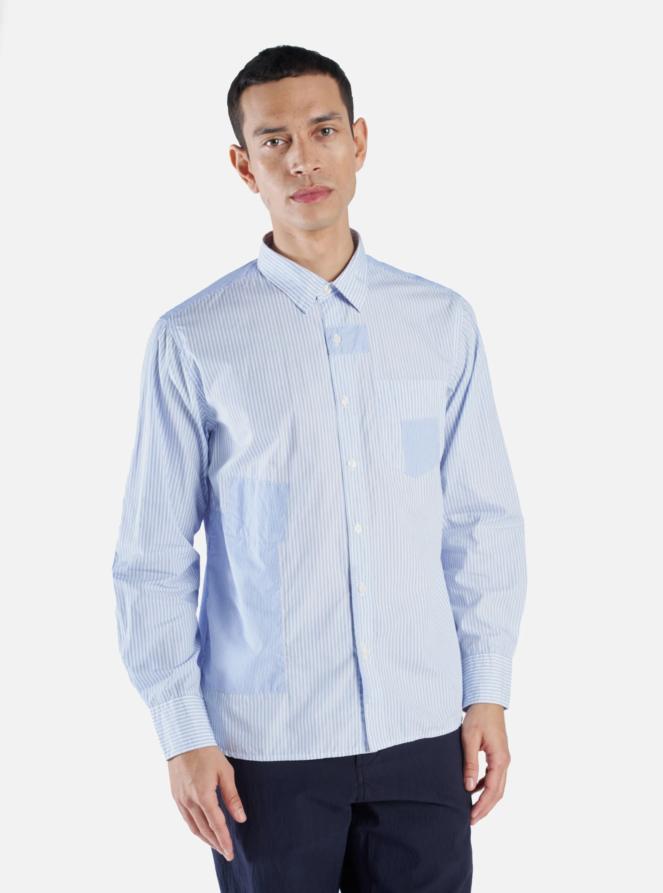 Universal Works L/S Patch Shirt in Blue Classic Stripes