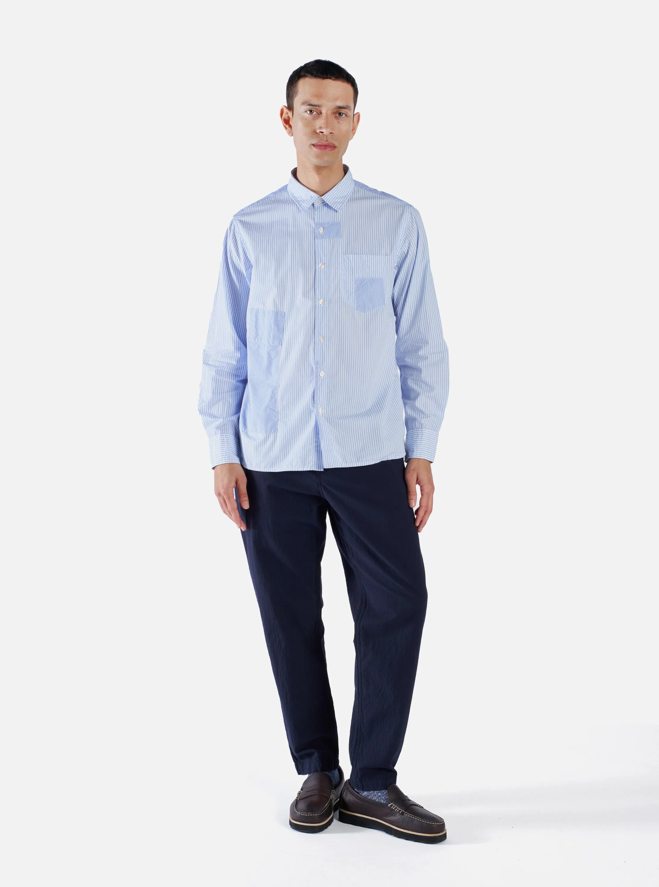 Universal Works L/S Patch Shirt in Blue Classic Stripes