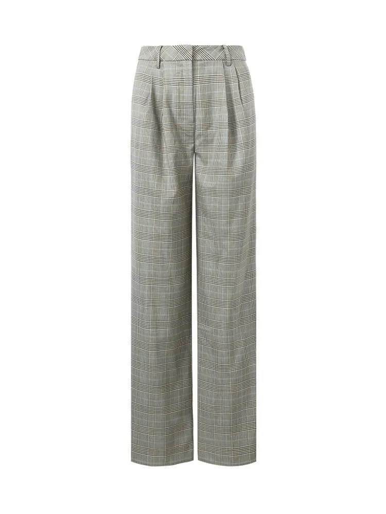 Worsted Wool Plaid Straight Full Length Pants