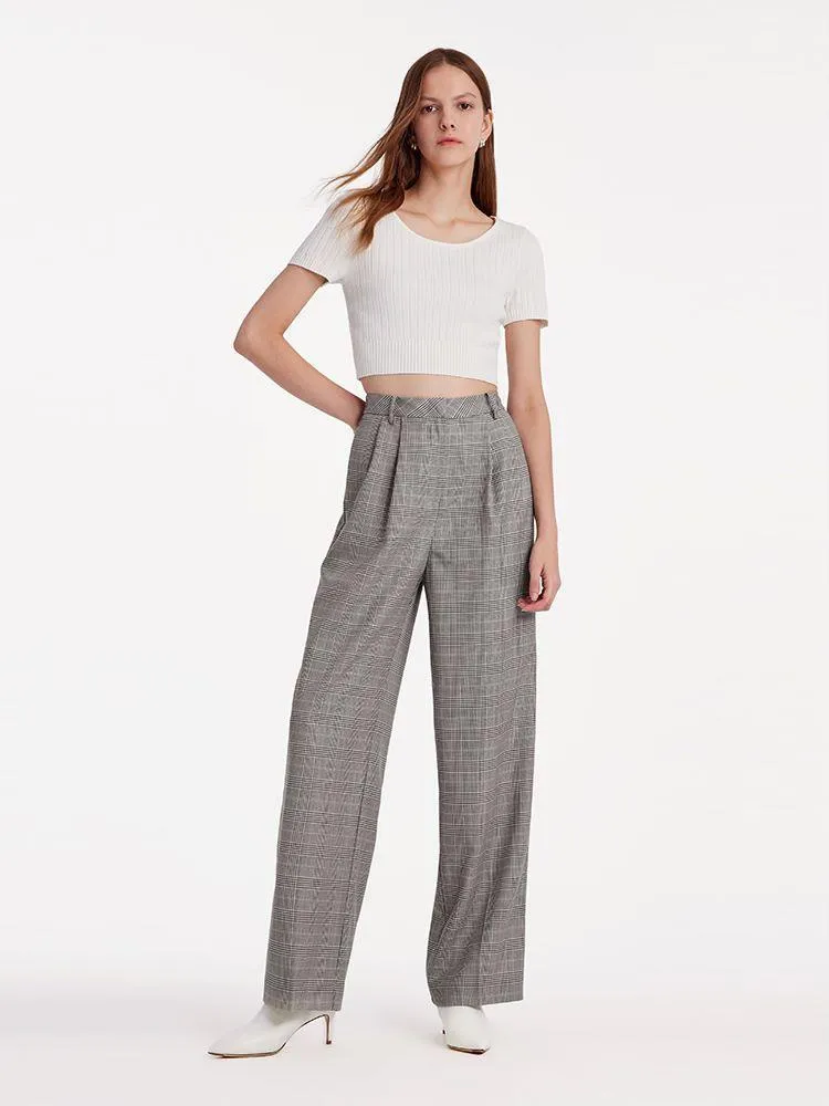 Worsted Wool Plaid Straight Full Length Pants