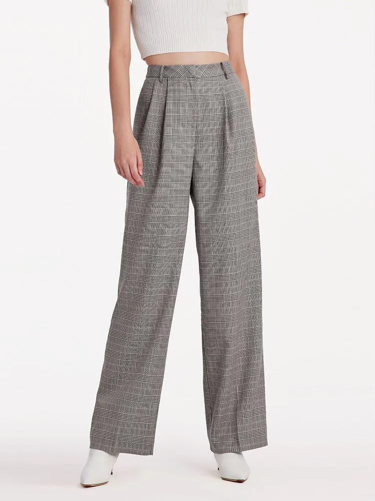 Worsted Wool Plaid Straight Full Length Pants