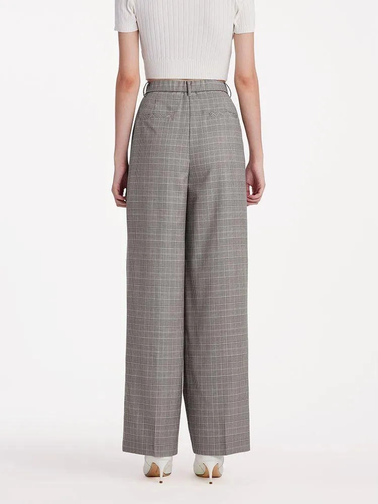 Worsted Wool Plaid Straight Full Length Pants