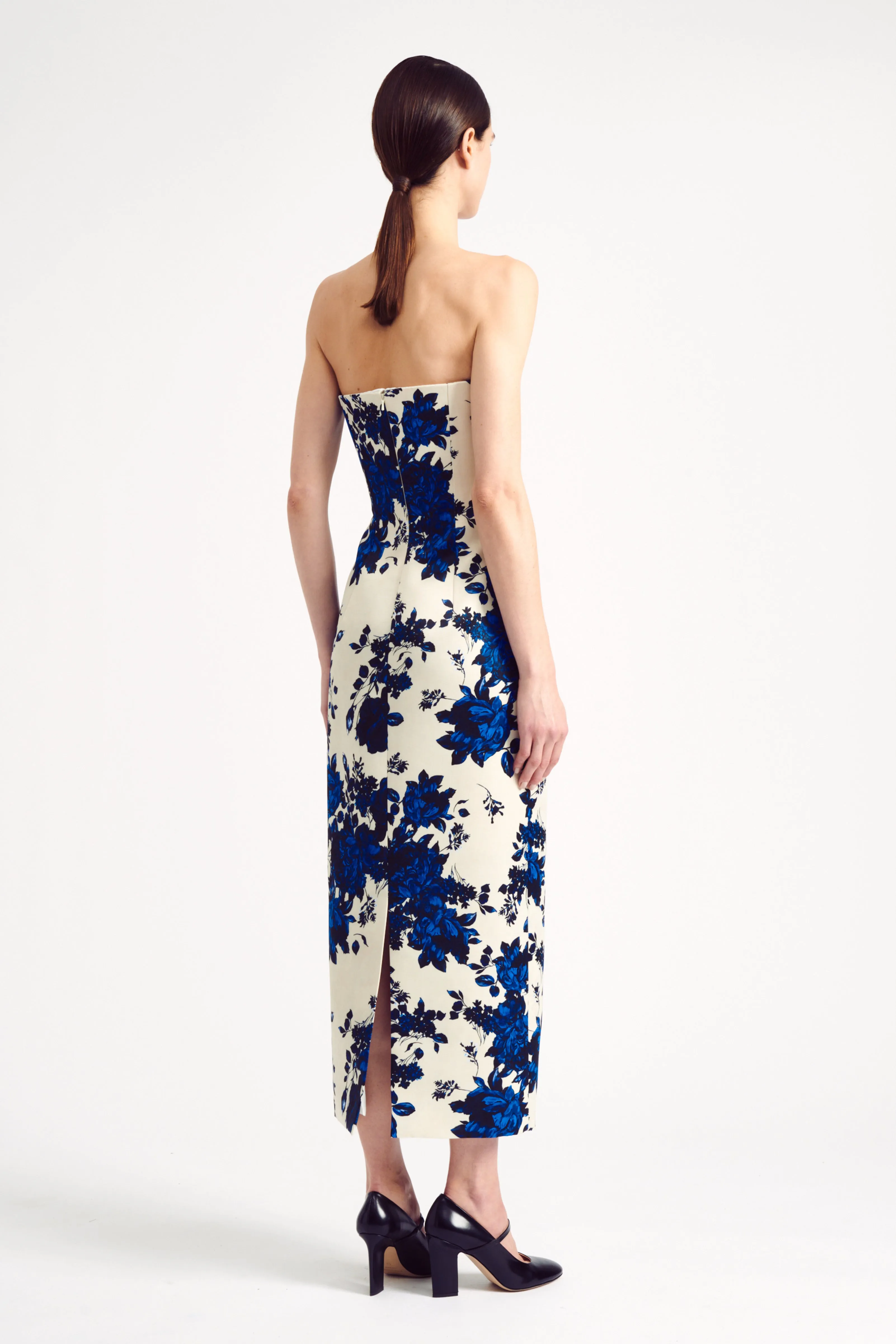 Yulie Strapless Dress in Blue Festive Bouquet Printed Taffeta Faille