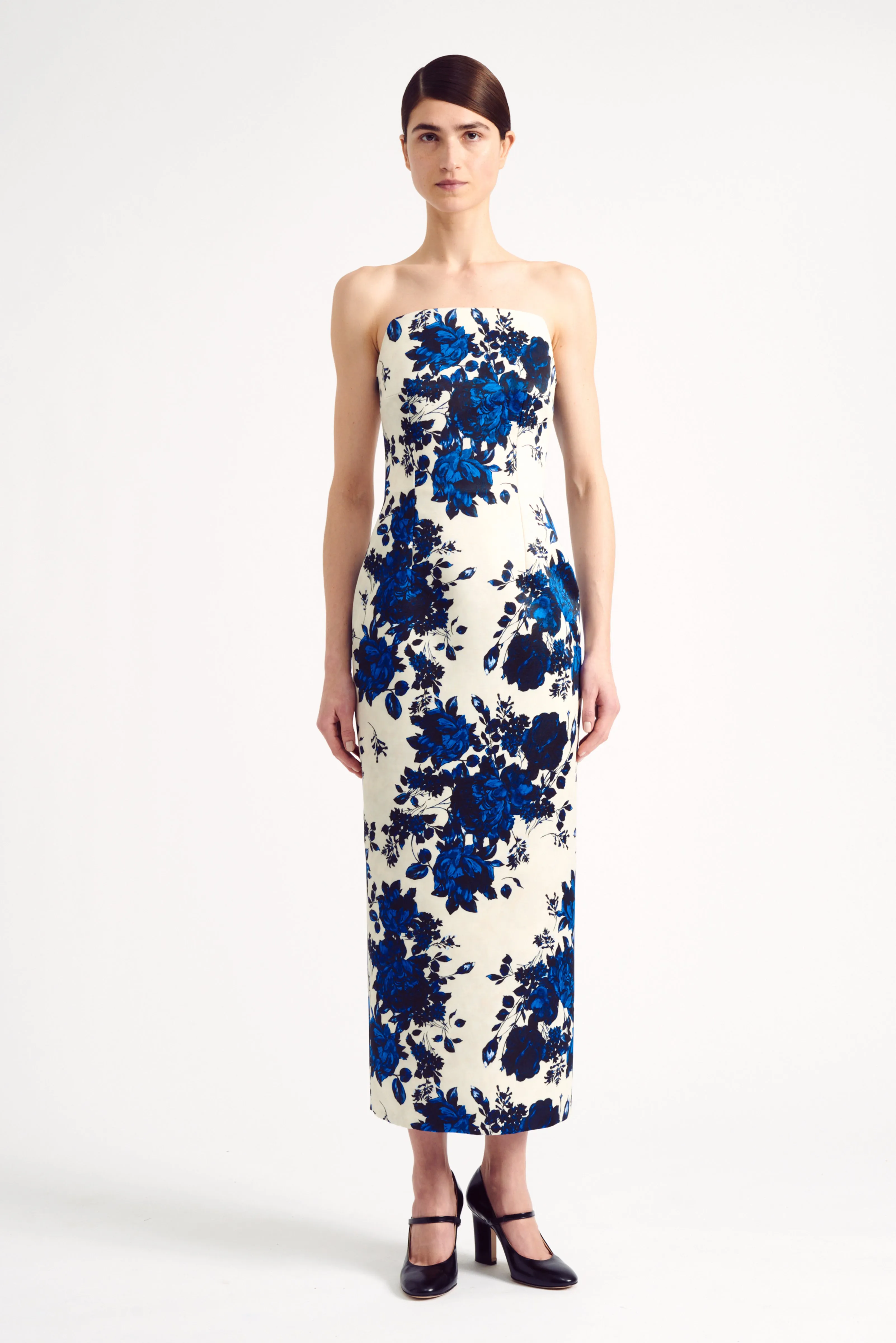 Yulie Strapless Dress in Blue Festive Bouquet Printed Taffeta Faille